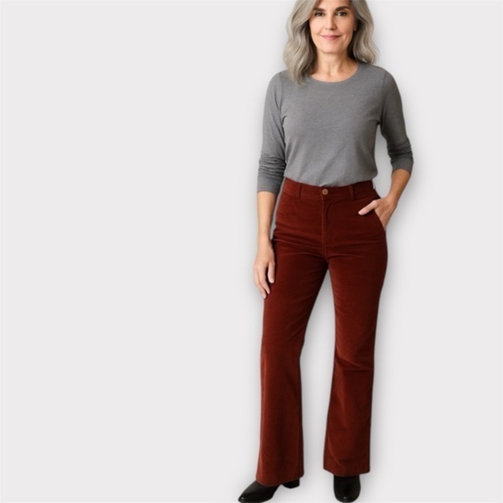 Ecru velvet high rise bootcut pants in burgundy